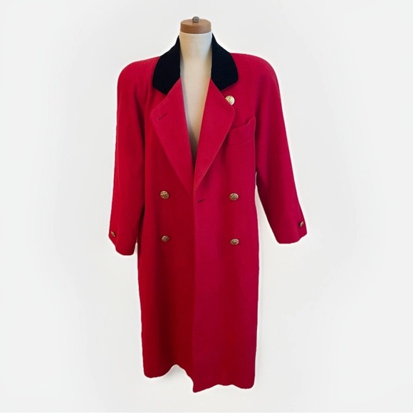 Vintage 80s London Fog Red Wool Long Coat Black Velvet Collar Gold Button 10 P - Picture 6 of 9
